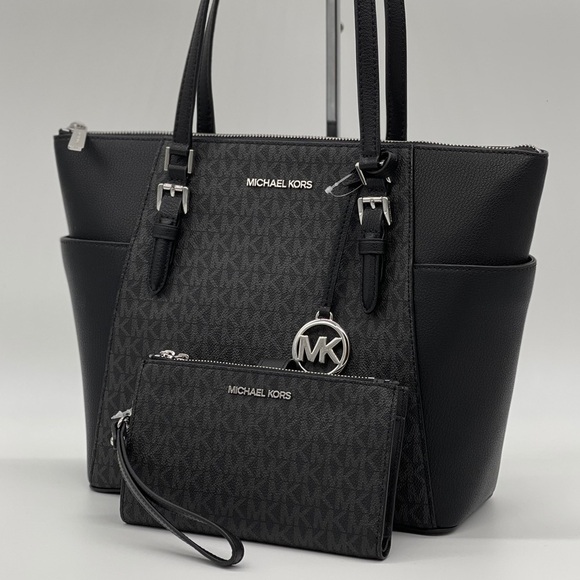 Michael Kors Charlotte Bag & Large Double Zip Wallet Black Signature - Picture 1 of 11